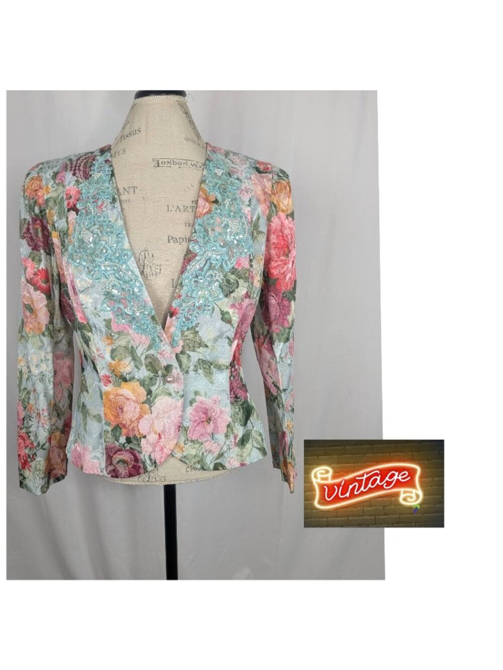 Vintage 80s Nah Nah Tapestry Blazer Large Floral Beaded
